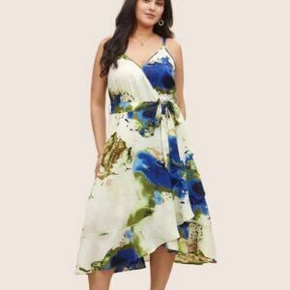 BloomChic Plus Size 2x 18-20 Printed Spaghetti Strap V-Neck Ruffled Dress
